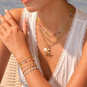 Colorful Beaded Stainless Steel Necklace Gold-plated Double Layer Twin All-match Clavicle Chain